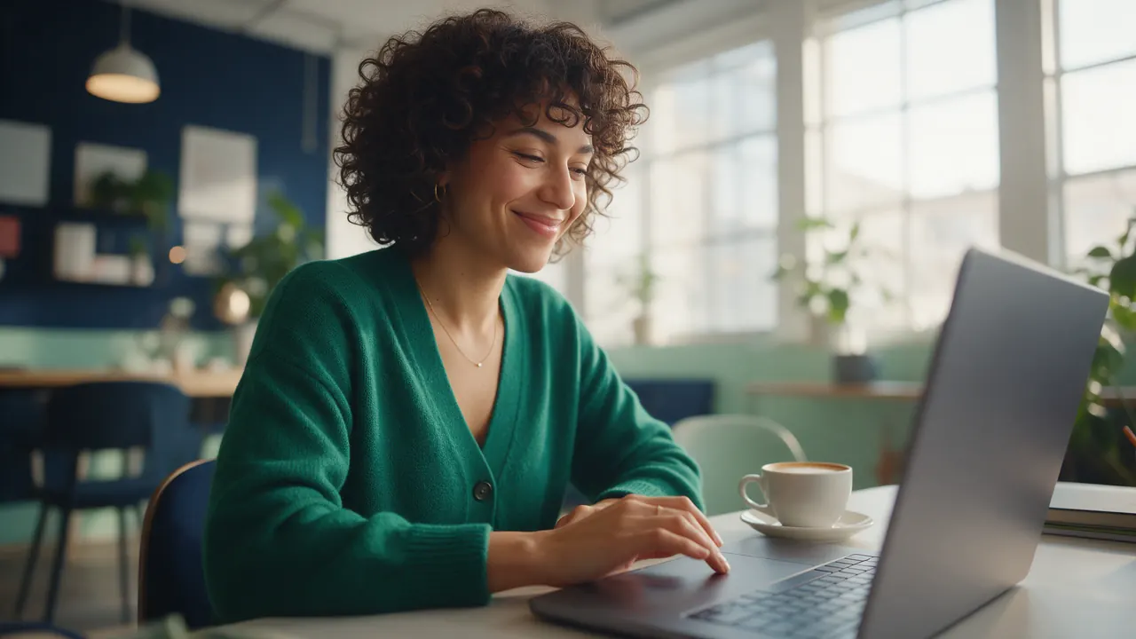 A freelancer smiles as she works through her morning at a laptop with a coffee