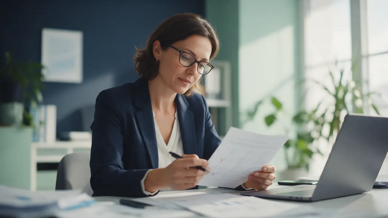 An accountant reviews and ticks off a printed report at her desk
